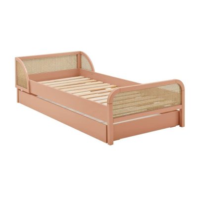 Lit effet bois et cannage terracotta