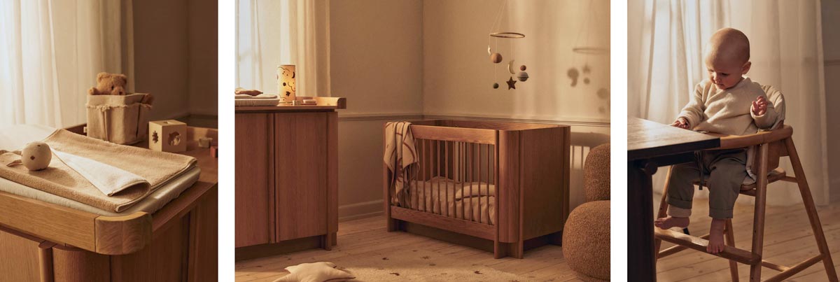 Mobilier chaise haute, lit à barreaux et table à langer bébé Ferm living SS26
